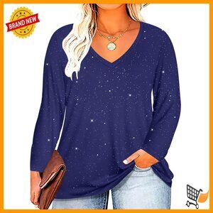 Plus Size Long Sleeve V Neck Tunic Loose Fit Casual Pullover Blouse Elegant